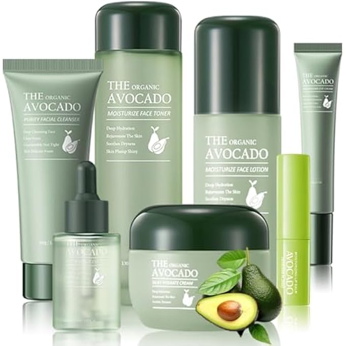 STRBOXONG AVOCADO SKINCARE KIT, 7-IN-1SKINCARE GIFT SET, SKIN CARE SET WITH FACIAL CLEANSER, TONER, MOISTURIZING LOTION, EYE CREAM, FACE SERUM, FACIAL CREAM, LIP BALM FOR WOMEN TEEN DAILY SKIN CARE (7 COUNT) - Image 1